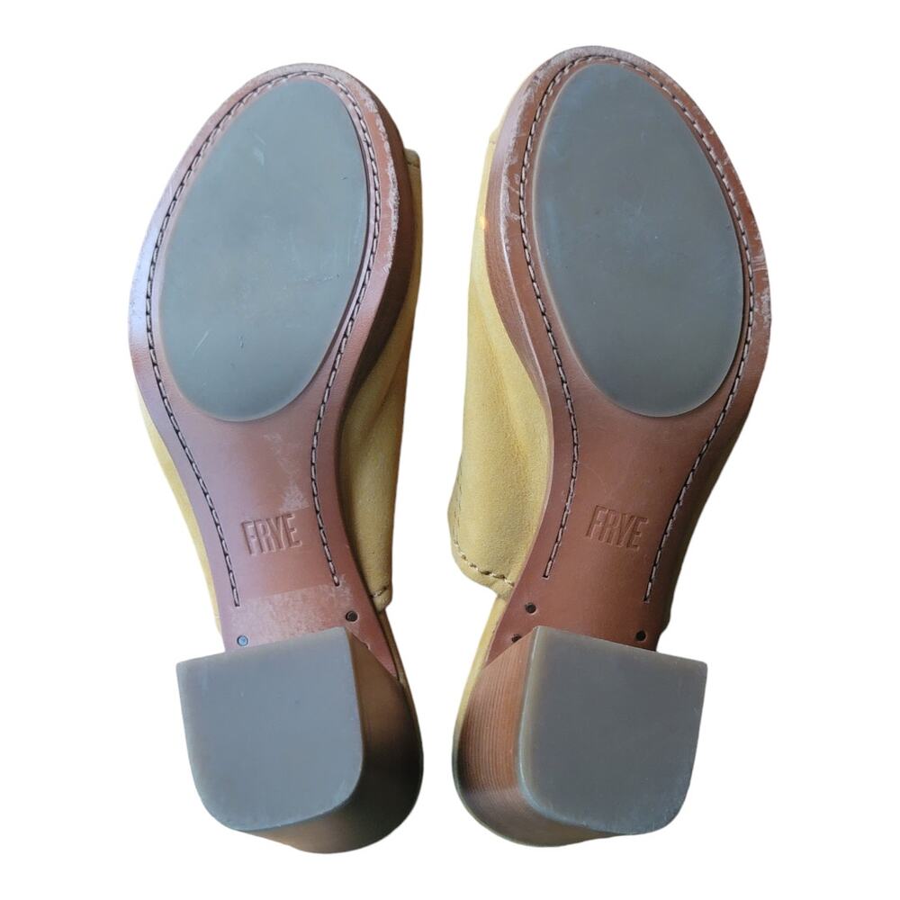 Frye‎ Blake High Block Heel Mules Yellow Suede Slip On Leather Footbed - Picture 3 of 6